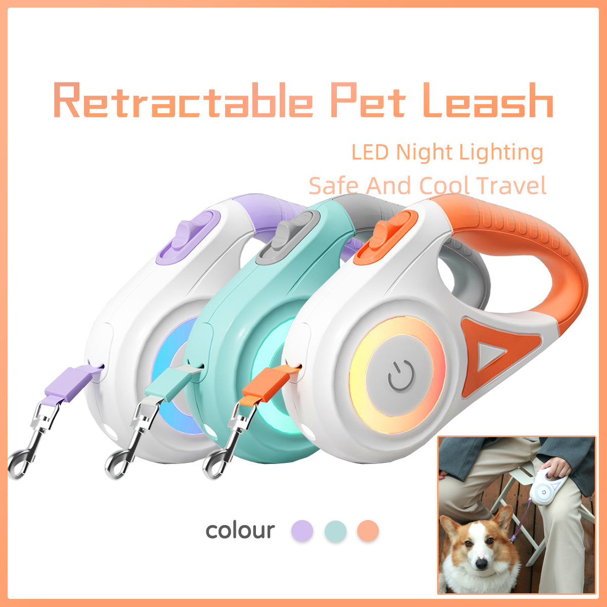 Retractable Pet Leash with Spotlight & Collar Set