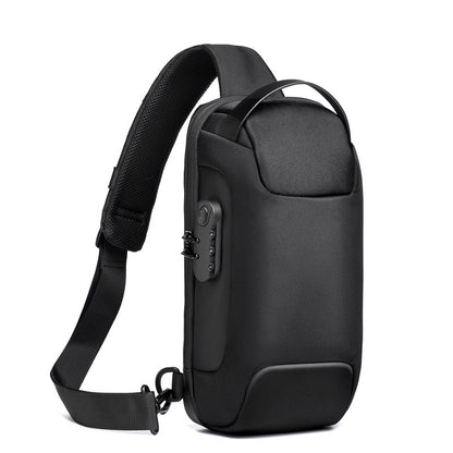 Black sling bag with a strap on a white background